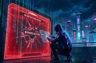 Cyberpunk hacker figure bypassing a glowing red AI content detection security scanner with digital code.