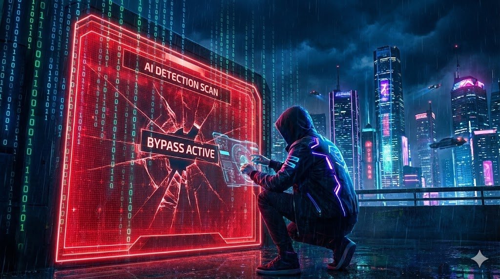 Cyberpunk hacker figure bypassing a glowing red AI content detection security scanner with digital code.