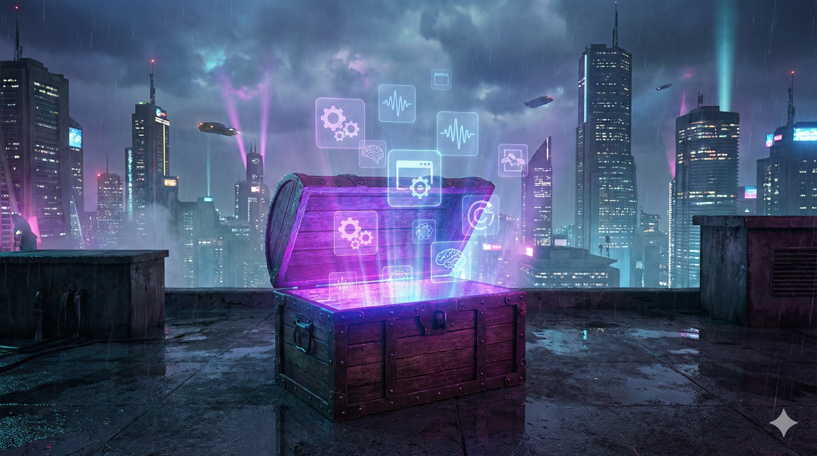 Glowing futuristic treasure chest revealing secret free AI tools and holographic icons with neon purple and blue lighting