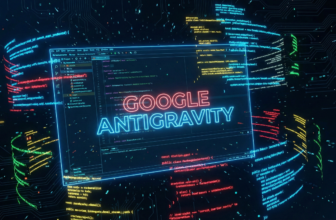 Futuristic Google Antigravity AI IDE interface with floating code blocks and neon lighting