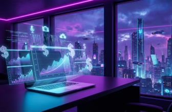 Futuristic digital workspace displaying AI side hustles revenue streams with holographic dollar signs and neon lighting