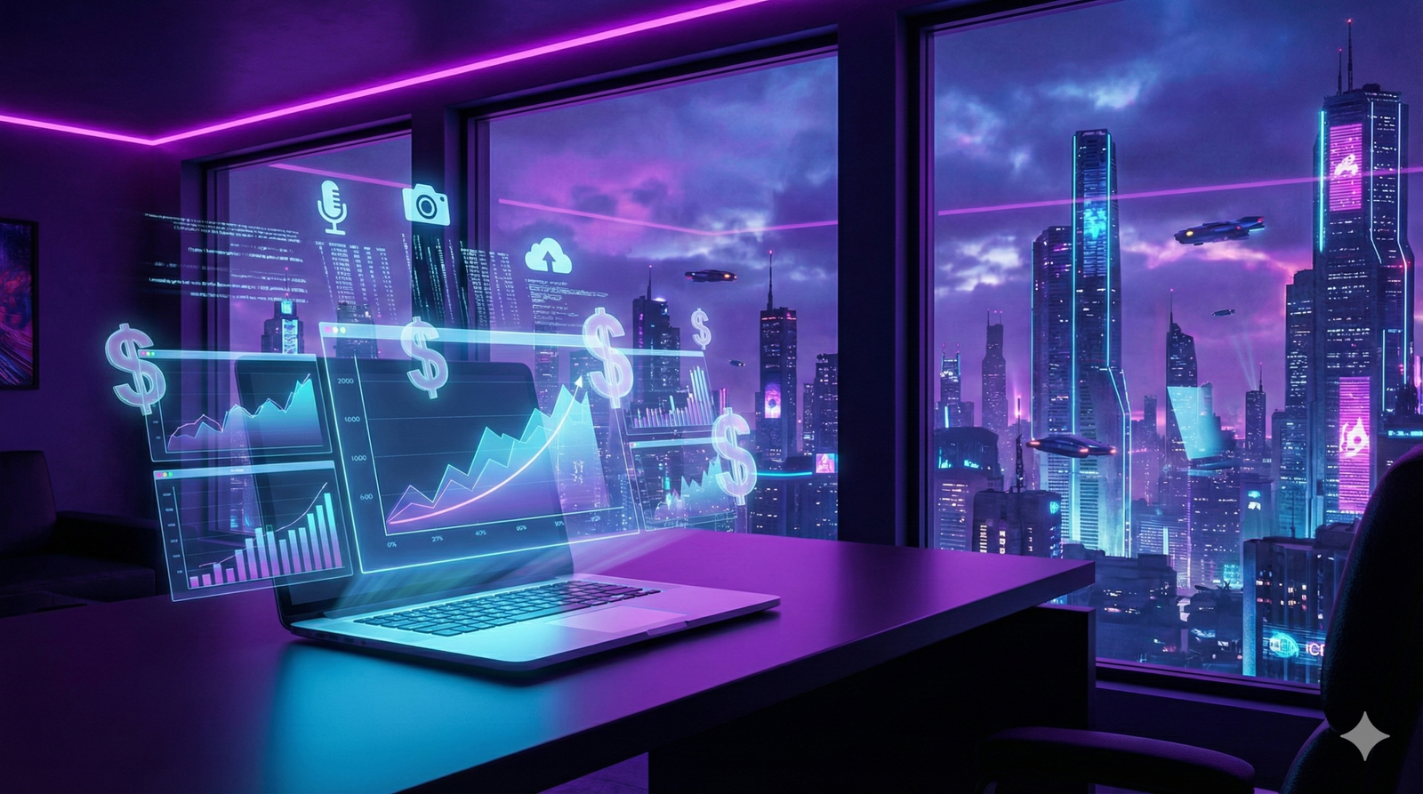 Futuristic digital workspace displaying AI side hustles revenue streams with holographic dollar signs and neon lighting