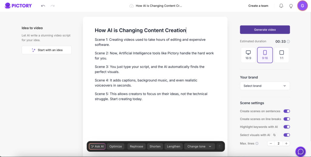 Pictory AI Script to Video interface showing text editor for faceless youtube channel creation